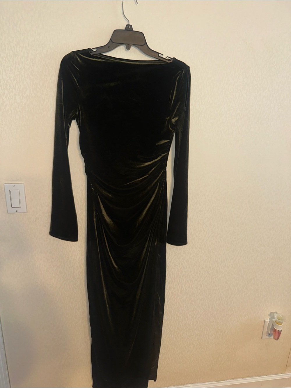 Anthropologie Green Velvet Long-Sleeve Ruched  Dress with  leg split on side